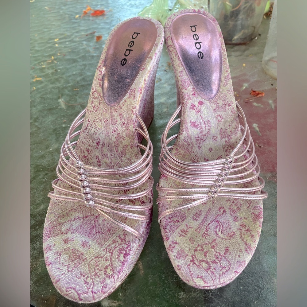 Vintage Bebe Metallic Pink and Asian Satin Wedge Sandals - Picture 4 of 8